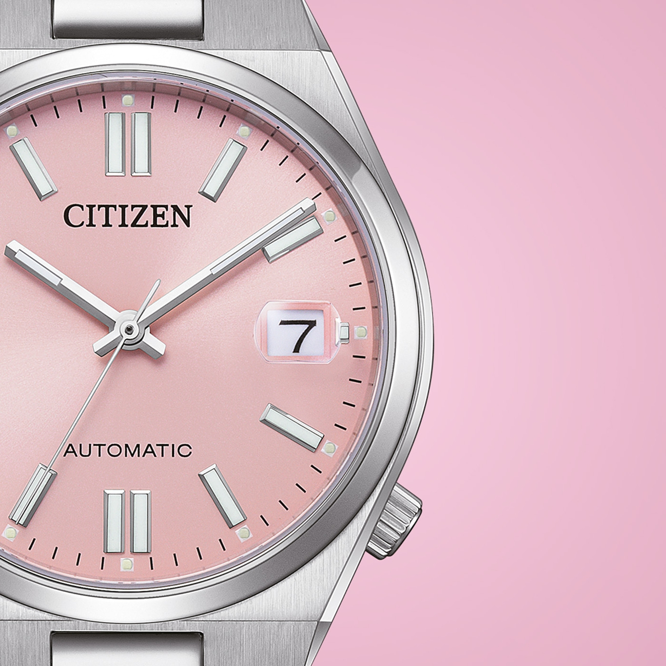 Citizen-Uhr mit rosa Zifferblatt, silbernen Zeigern und Datumsanzeige, Automatik.