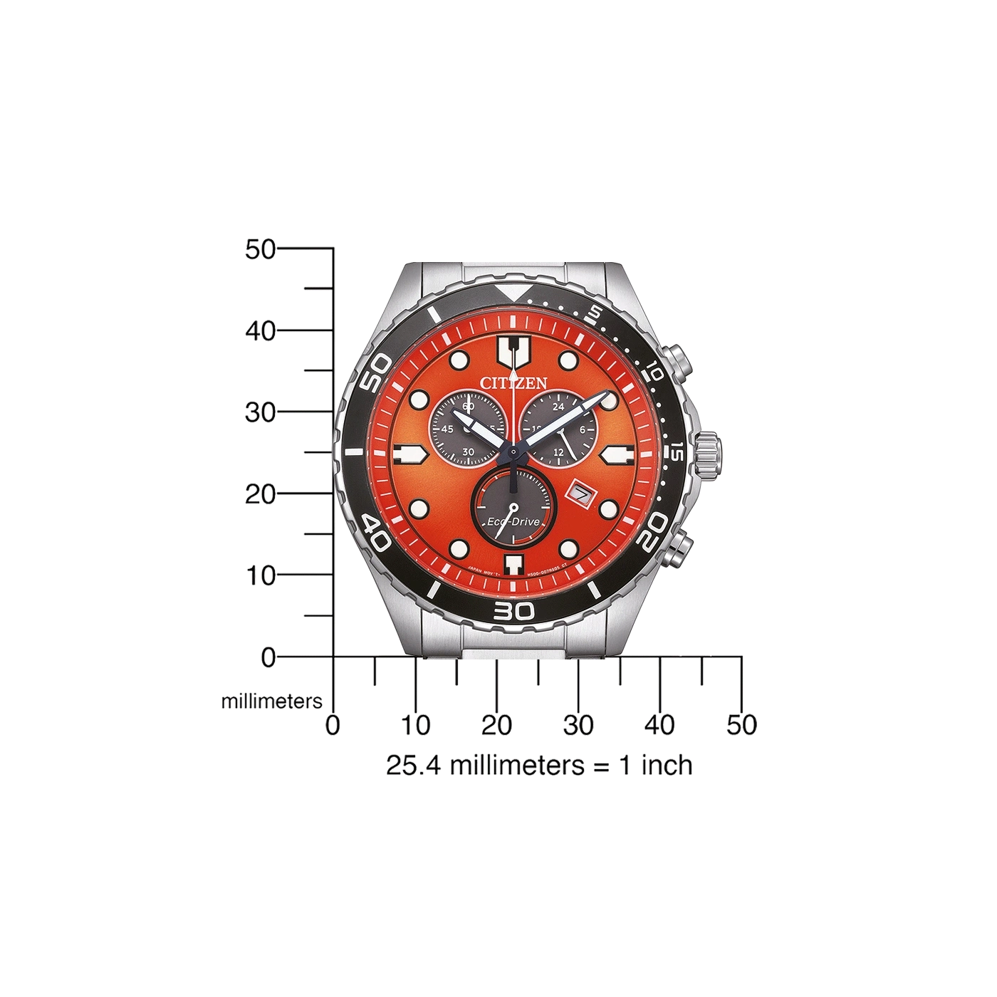 Citizen-Uhr mit orangefarbenem Zifferblatt, schwarzer Lünette und silbernem Armband, mit Millimeterskala.