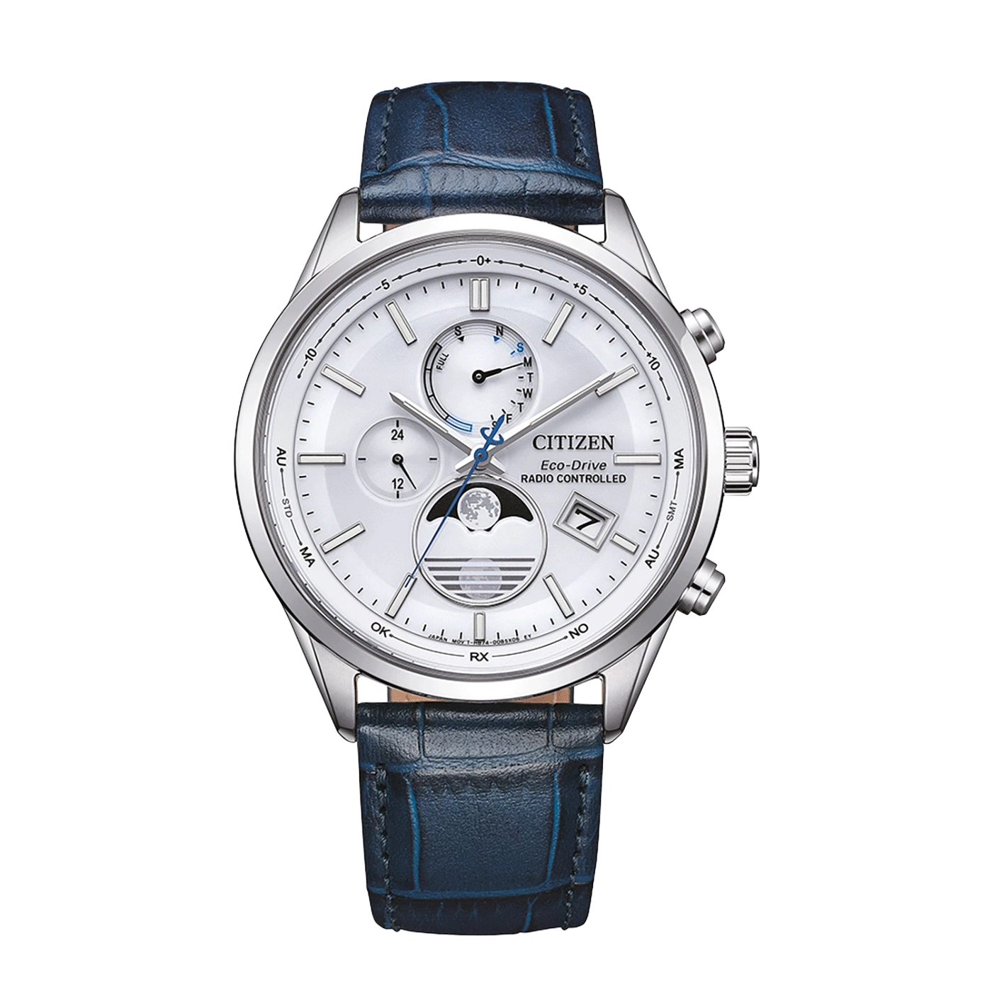 Citizen Eco-Drive Uhr mit weißem Zifferblatt und blauem Lederarmband.