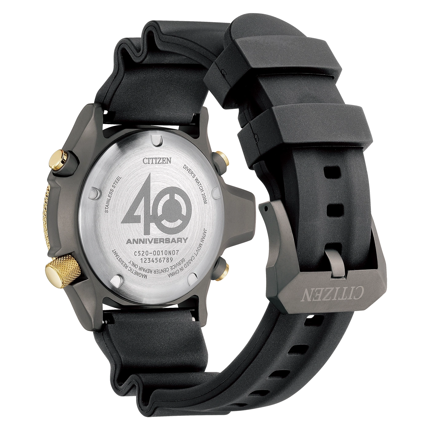 Citizen-Uhrrückseite, Edelstahl, Taucheruhr, Jubiläum, schwarzes Armband.