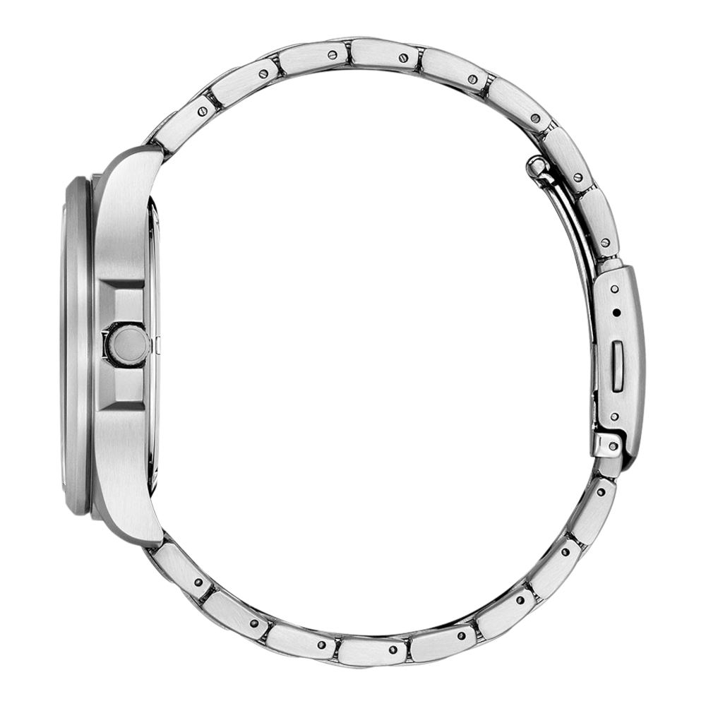 Silberne Uhr mit Metallarmband, Seitenansicht, isoliert auf weißem Hintergrund.