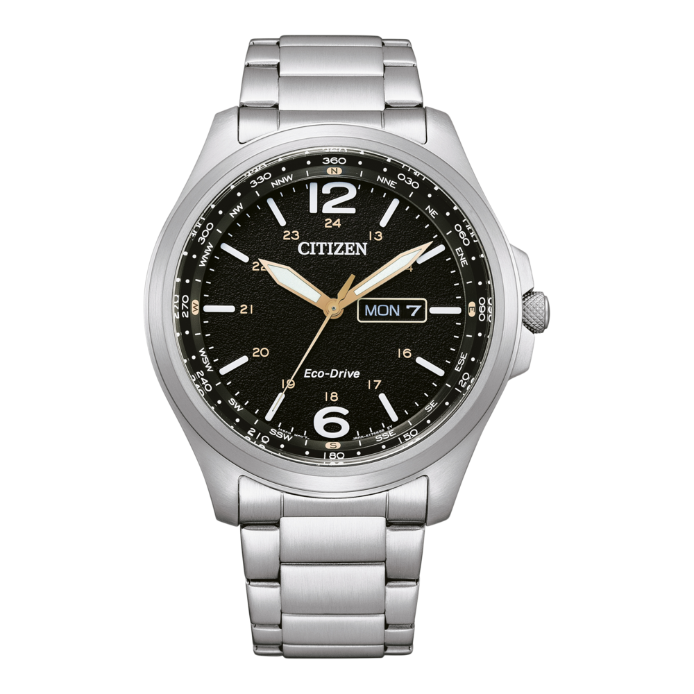 Citizen-Uhr mit schwarzem Zifferblatt, Kompasslünette und Edelstahlarmband.