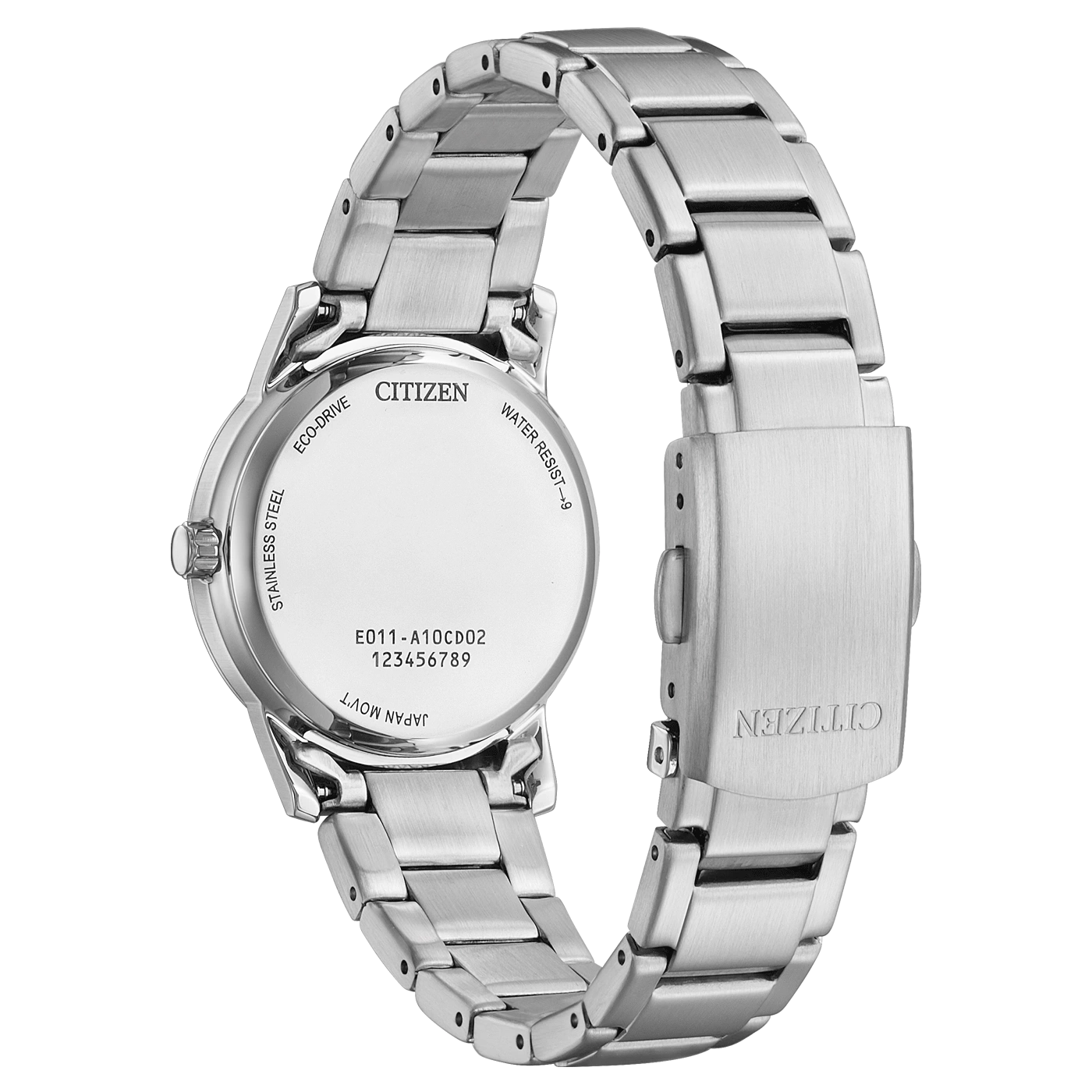 Citizen-Uhr, Edelstahl, Eco-Drive, wasserdicht, japanisches Uhrwerk, Modellnummer auf der Rückseite.
