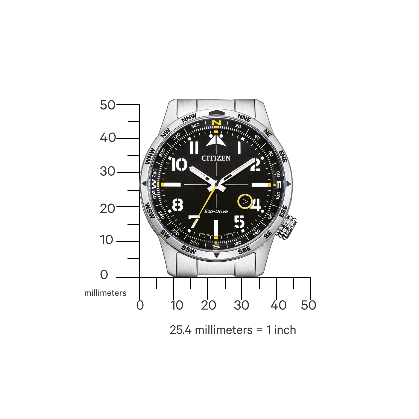 Citizen-Uhr mit Kompass und Eco-Drive-Technologie, schwarzes Zifferblatt, silbernes Gehäuse.