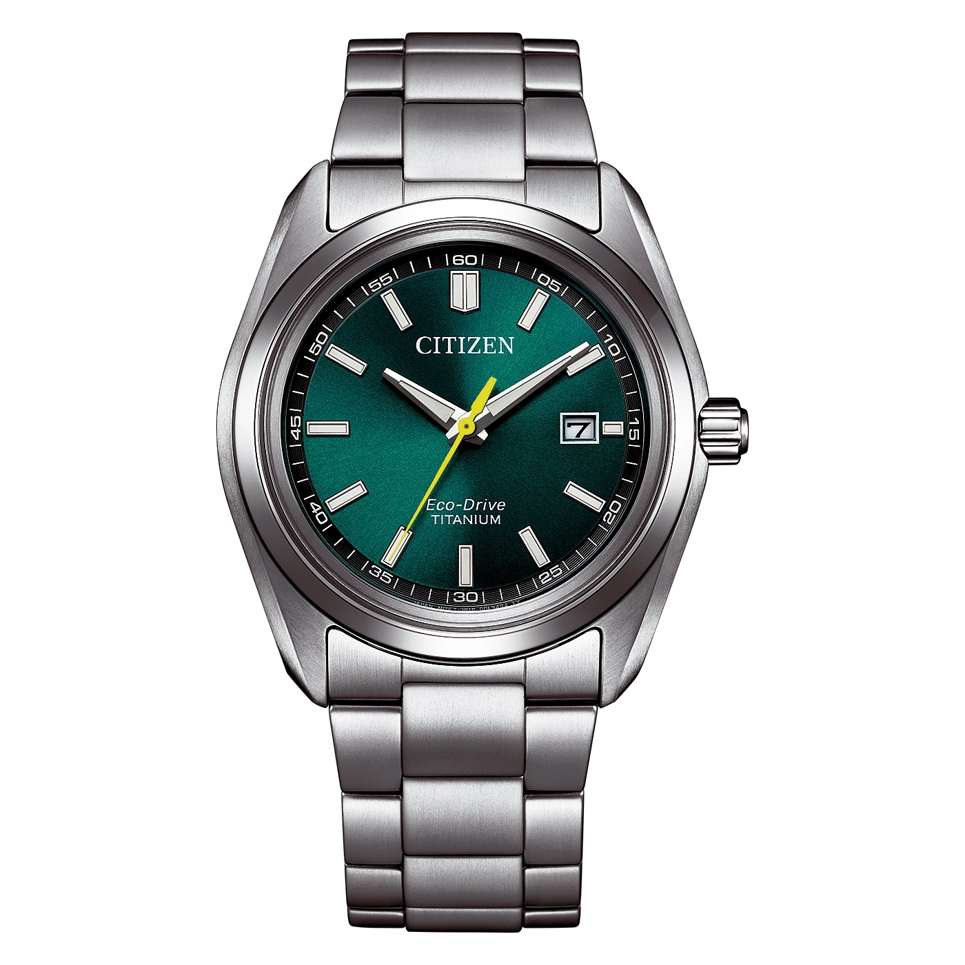 Nahaufnahme einer Citizen Eco-Drive Titanuhr mit grünem Zifferblatt.