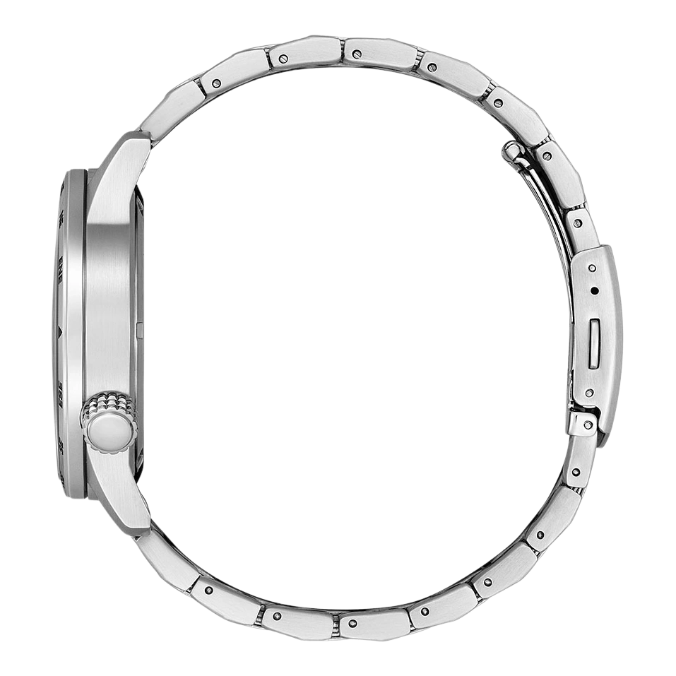 Seitenansicht einer silbernen Armbanduhr mit Metallband und rundem Zifferblatt.