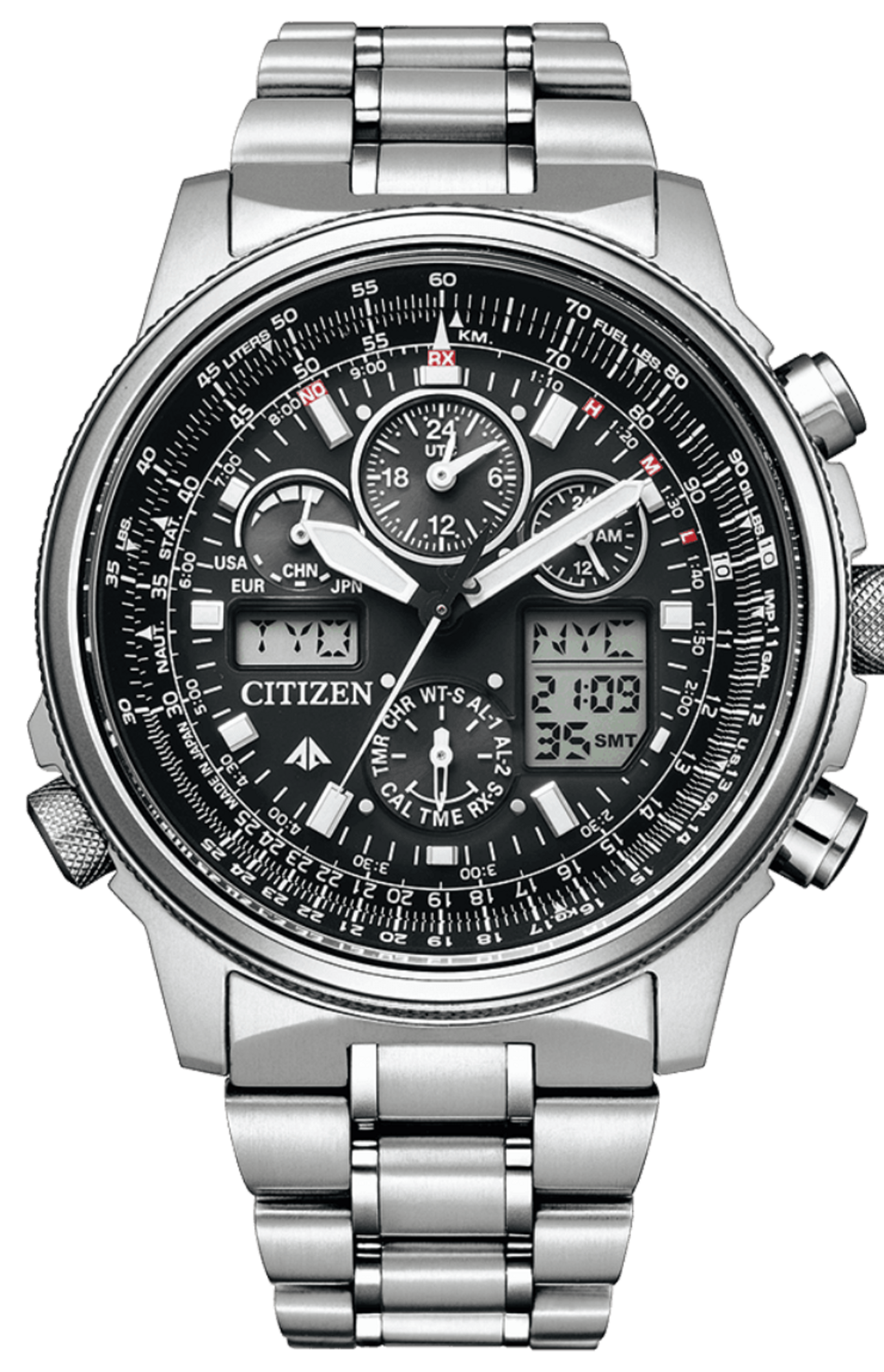 Citizen-Uhr mit schwarzem Zifferblatt, silbernem Armband und mehreren Zifferblättern für Zeitmessung und Luftfahrtfunktionen.