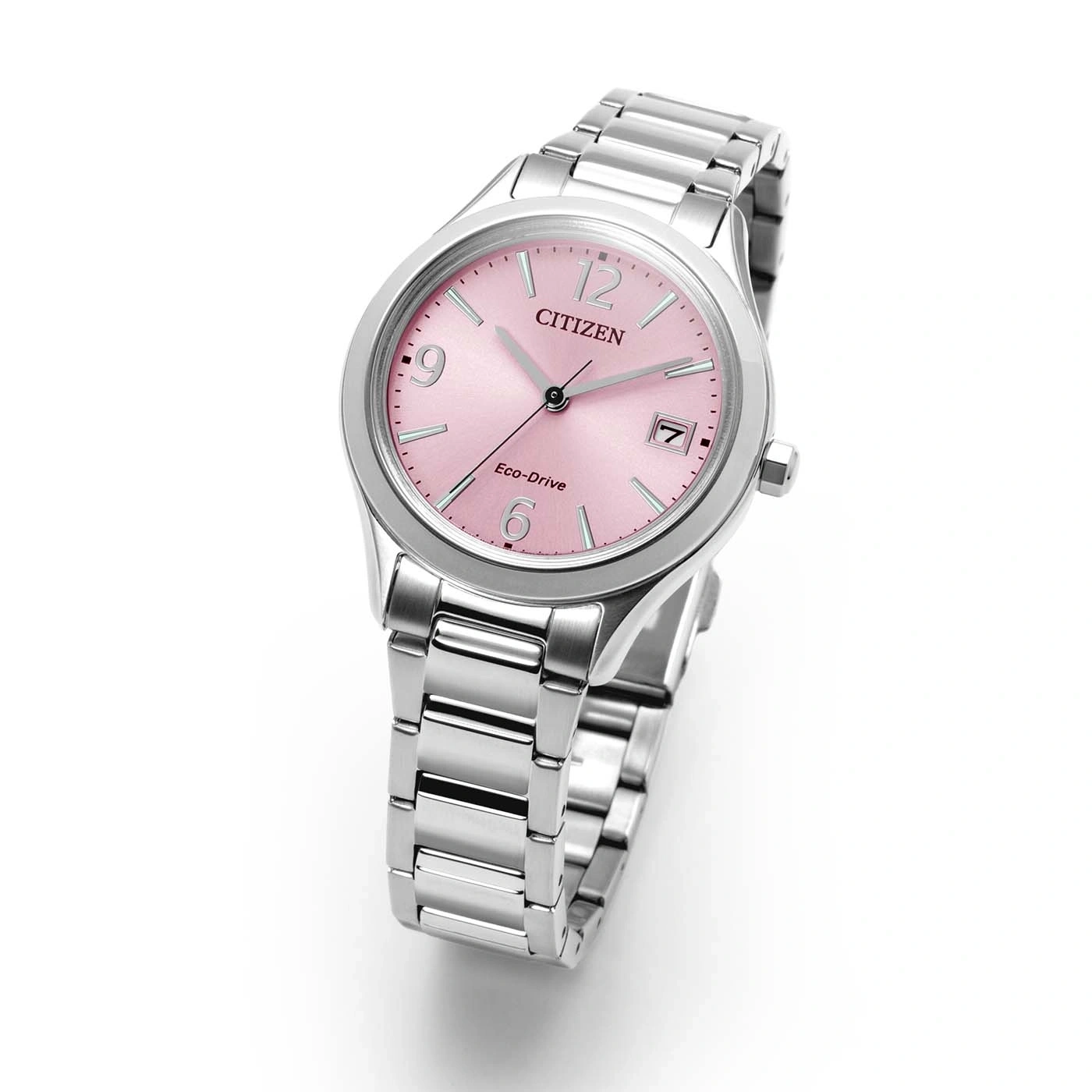 Eine silberne Citizen Eco-Drive Uhr mit pinkem Zifferblatt und silbernem Armband.