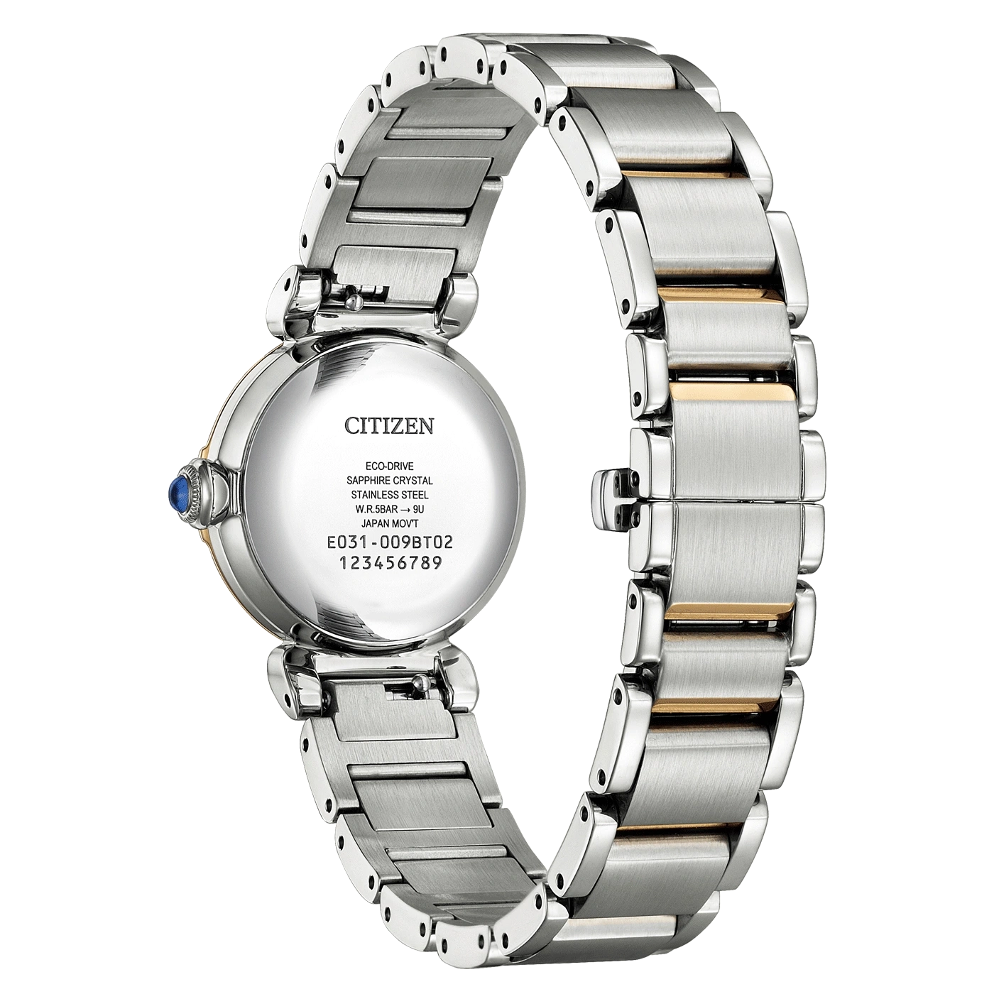 Citizen-Uhr, Edelstahl, Saphirglas, Eco-Drive, Japan Movt. Rückseite.