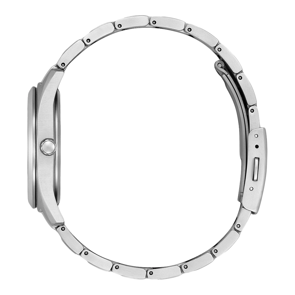 Silberne Uhr mit Metallarmband, Seitenansicht, elegantes und modernes Design.