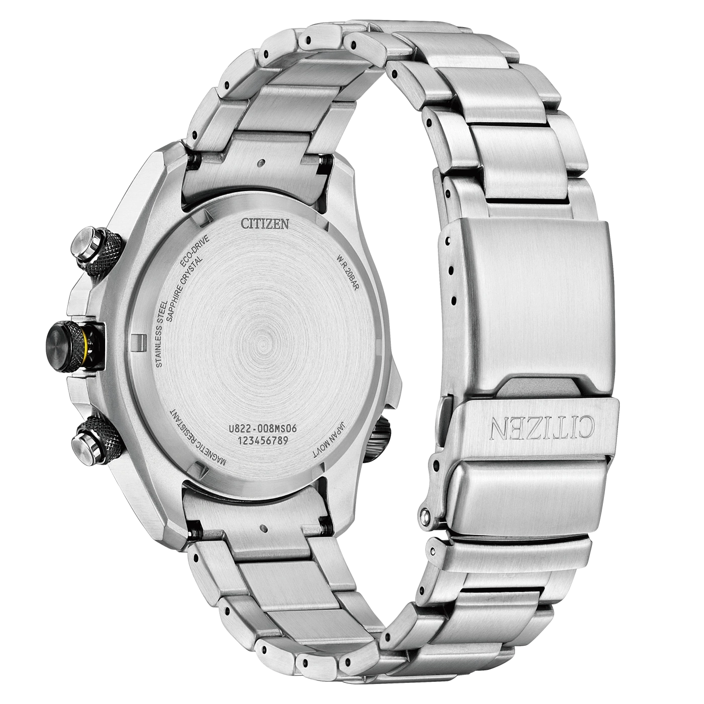 Citizen-Uhrrückseite, Edelstahl, Eco-Drive, Saphirkristall, wasserdicht.