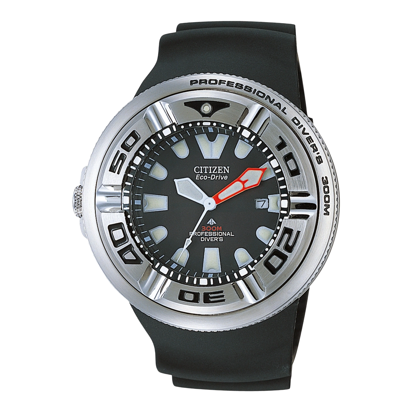 Citizen Eco-Drive Uhr mit schwarzem Zifferblatt und silberner Lünette, schwarzem Armband, professionelle Taucheruhr