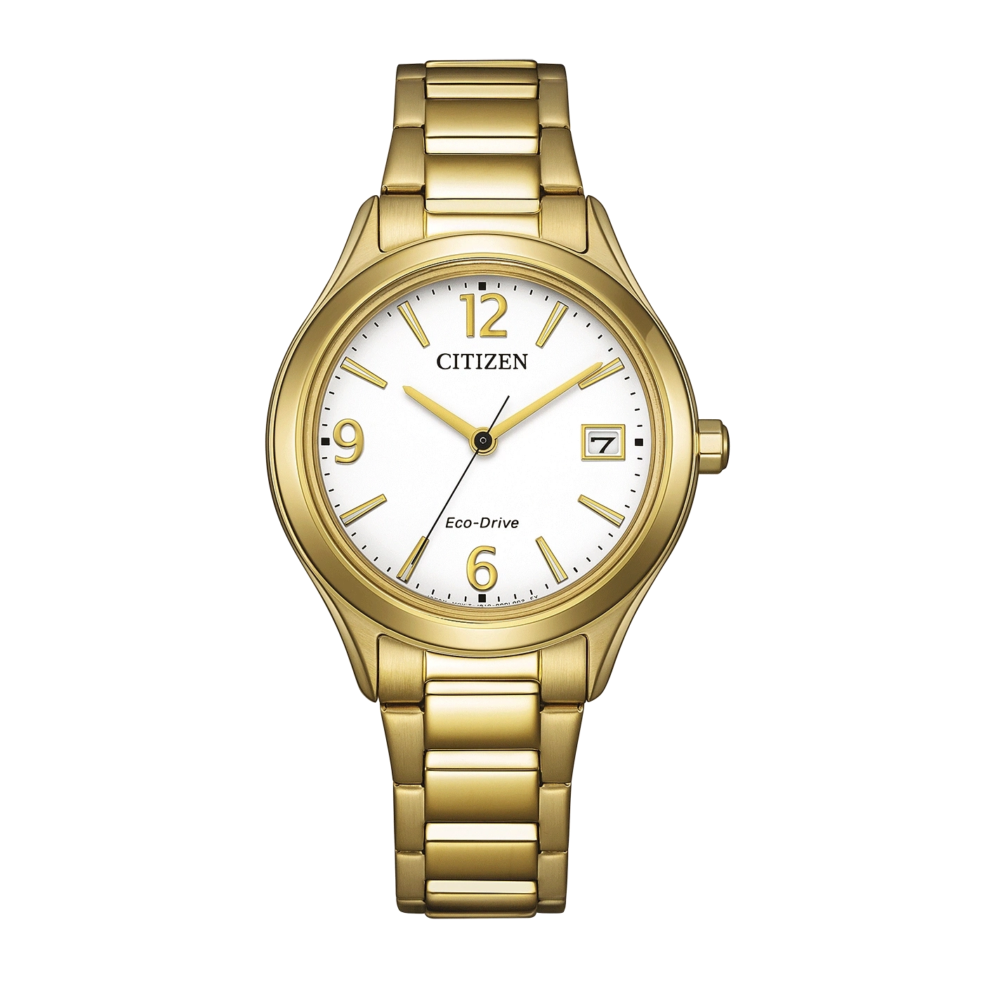 Eine goldene Citizen Eco-Drive Uhr mit weißem Zifferblatt und goldenen Zeigern.