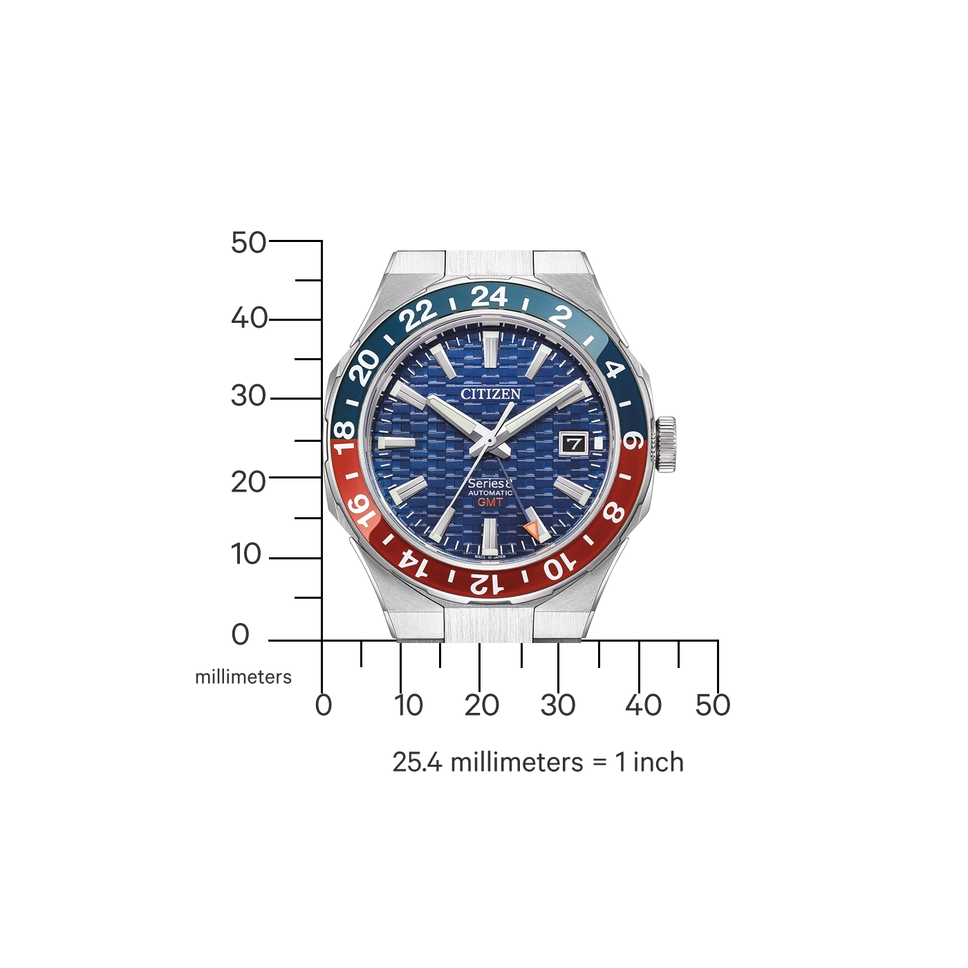 Citizen-Uhr mit blauem Zifferblatt, rot-blauer Lünette und GMT-Funktion.