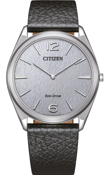 Citizen-Uhr mit silbernem Zifferblatt und schwarzem Lederarmband, Eco-Drive.