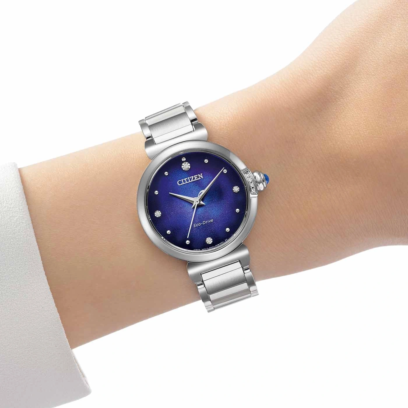 Citizen Eco-Drive Uhr am Handgelenk, silbernes Band, blaues Zifferblatt, Diamanten, elegantes Design