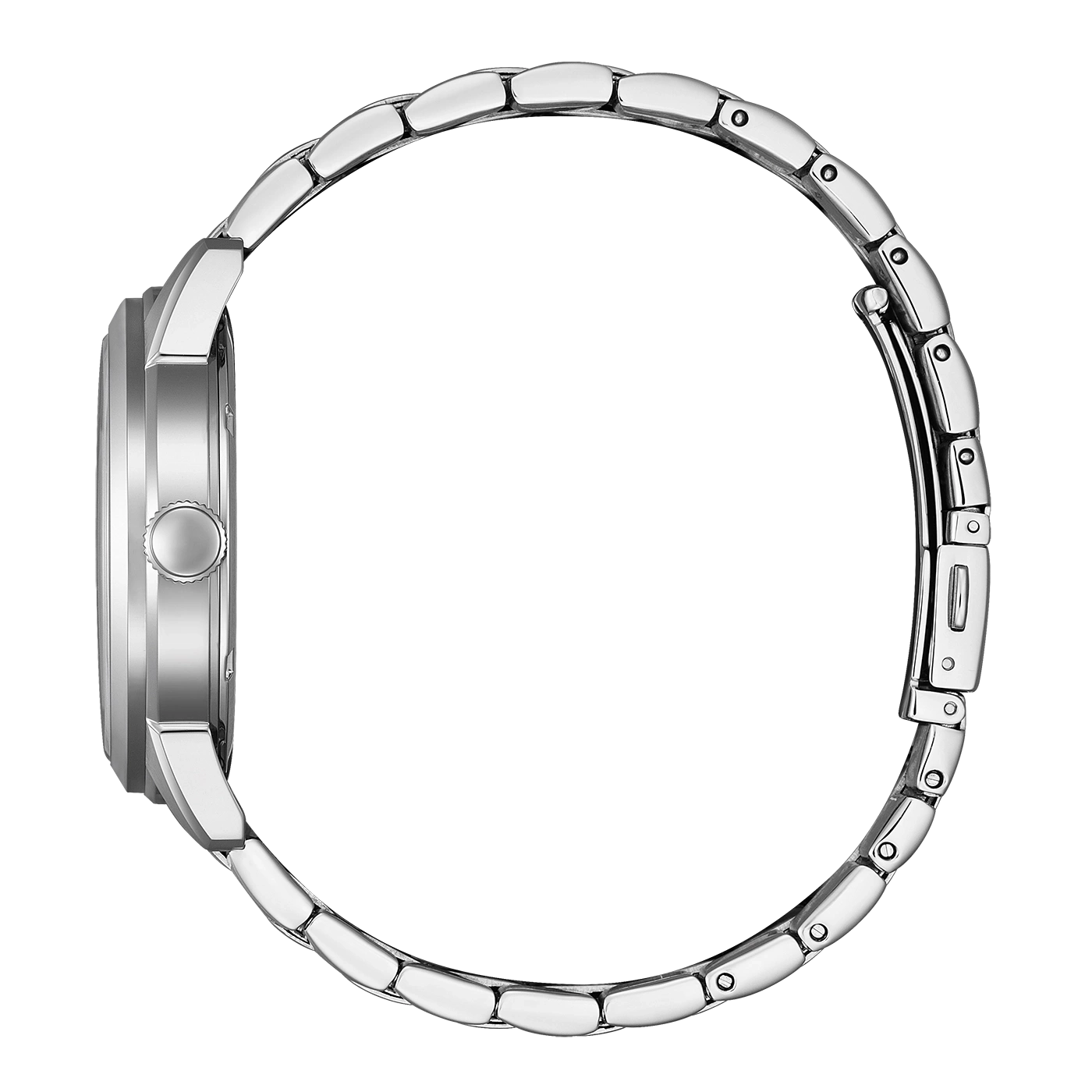 Seitenansicht einer silbernen Uhr mit Metallarmband.