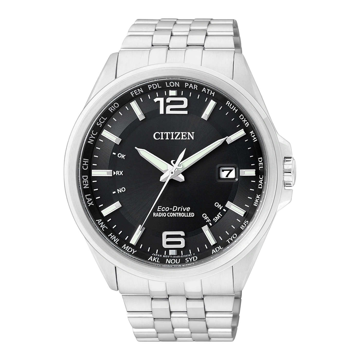 Citizen-Uhr mit schwarzem Zifferblatt, silbernem Armband und Weltzeitfunktionen.