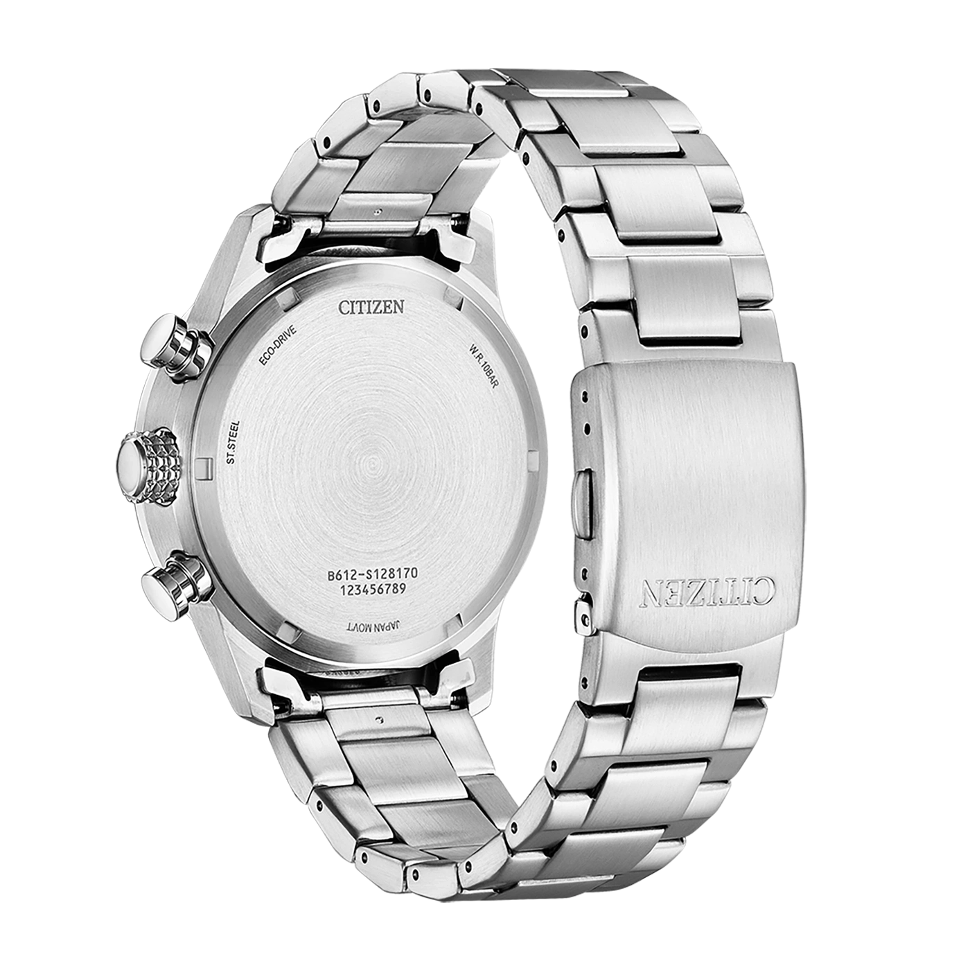 Citizen-Uhrrückseite, Edelstahl, Eco-Drive, W.R.10BAR, Japan Movt