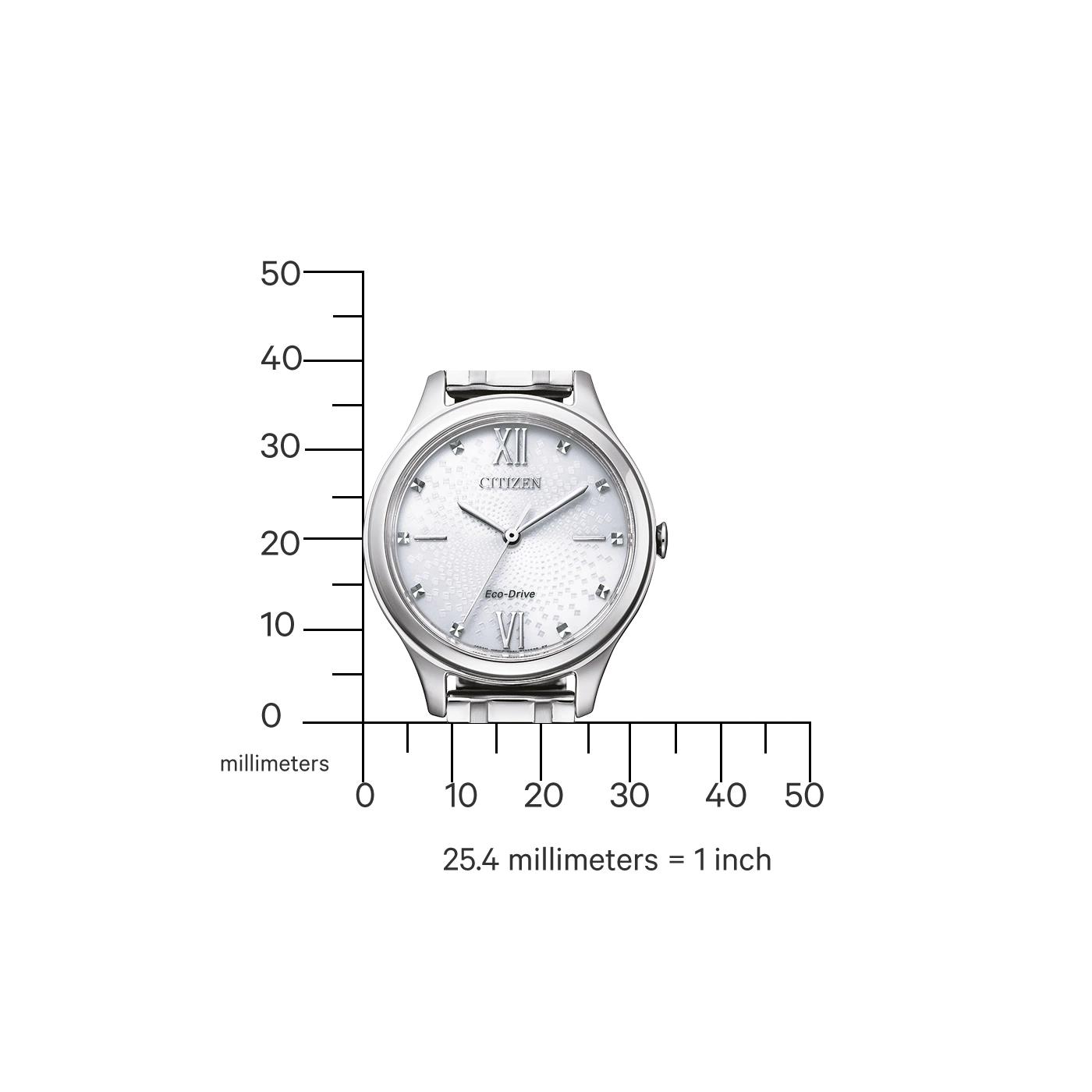 Citizen-Uhr mit weißem Zifferblatt und silbernem Armband, mit einer Millimeterskala.