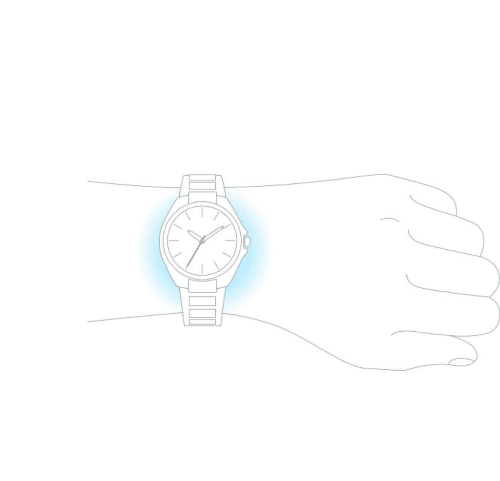 Eine Uhr am Handgelenk, mit einem blauen Schein darum.