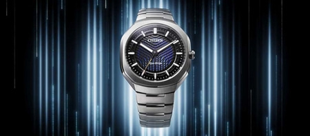 Eine futuristische Citizen Eco-Drive Uhr mit blau gemustertem Zifferblatt.