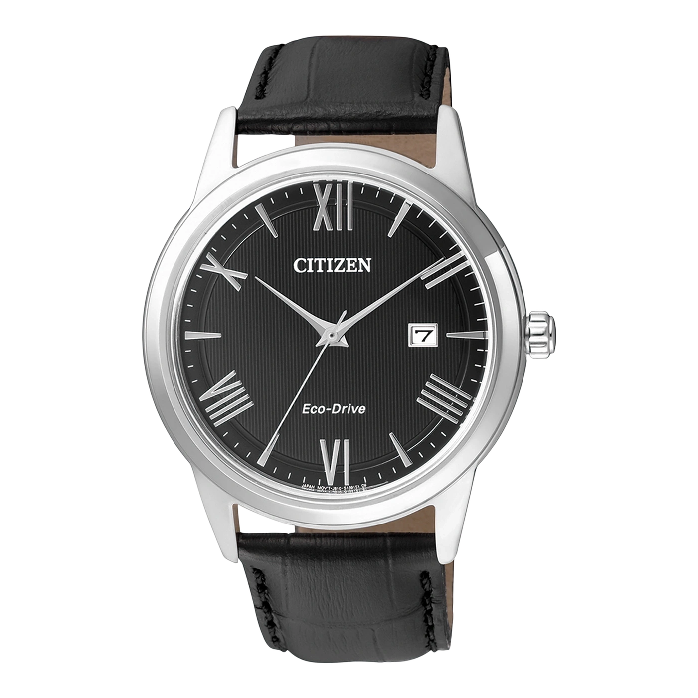 Citizen-Uhr mit schwarzem Zifferblatt, Lederarmband und römischen Ziffern.
