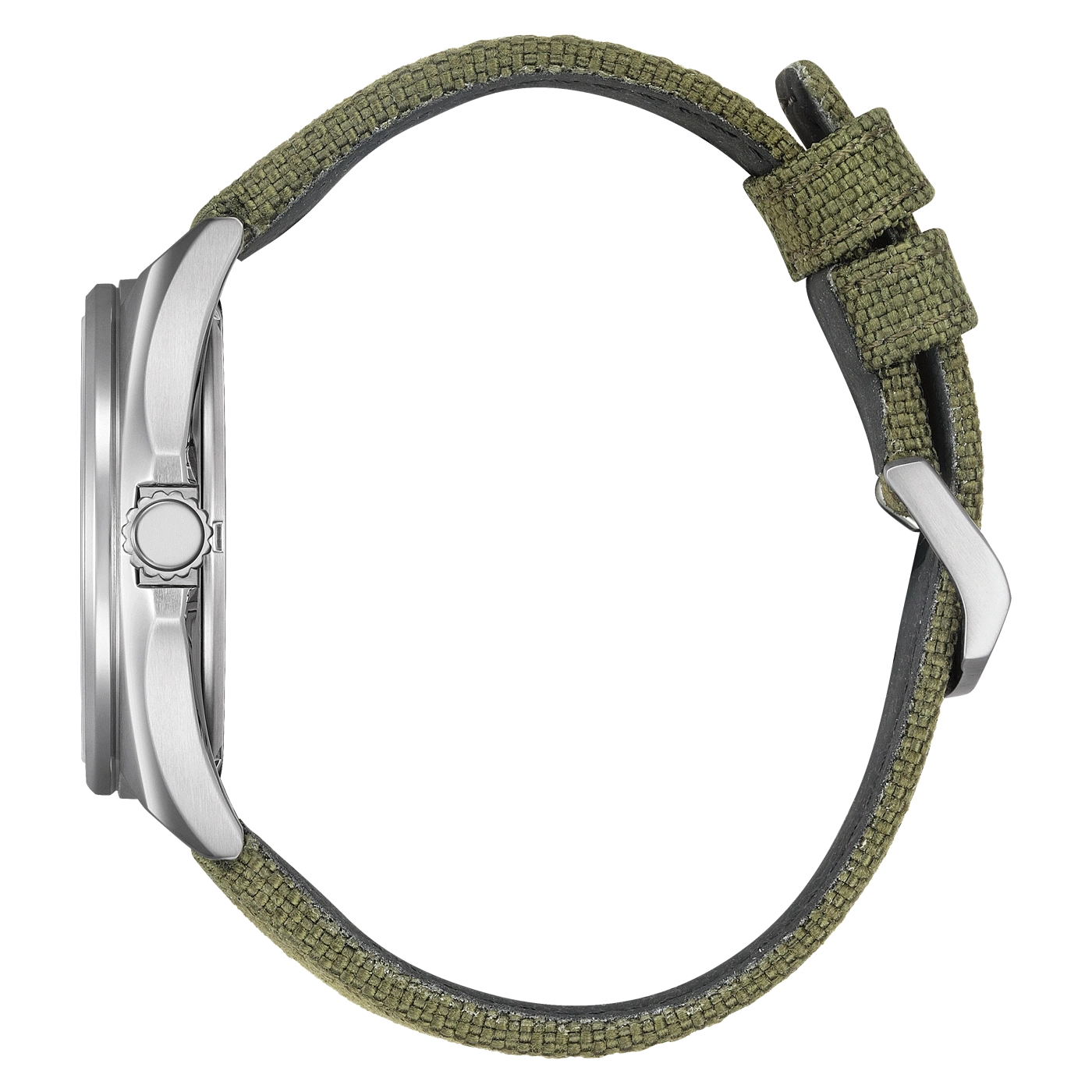 Seitenansicht einer silbernen Uhr mit grünem Stoffarmband.