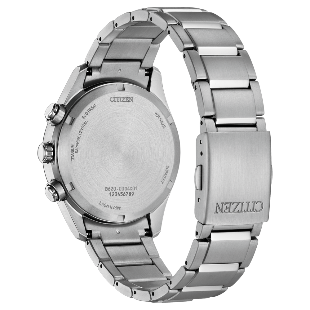 Rückseite einer silbernen Citizen Eco-Drive Uhr mit Text.