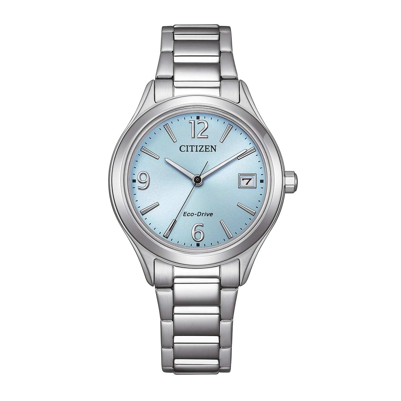 Eine silberne Citizen Eco-Drive Uhr mit hellblauem Zifferblatt.