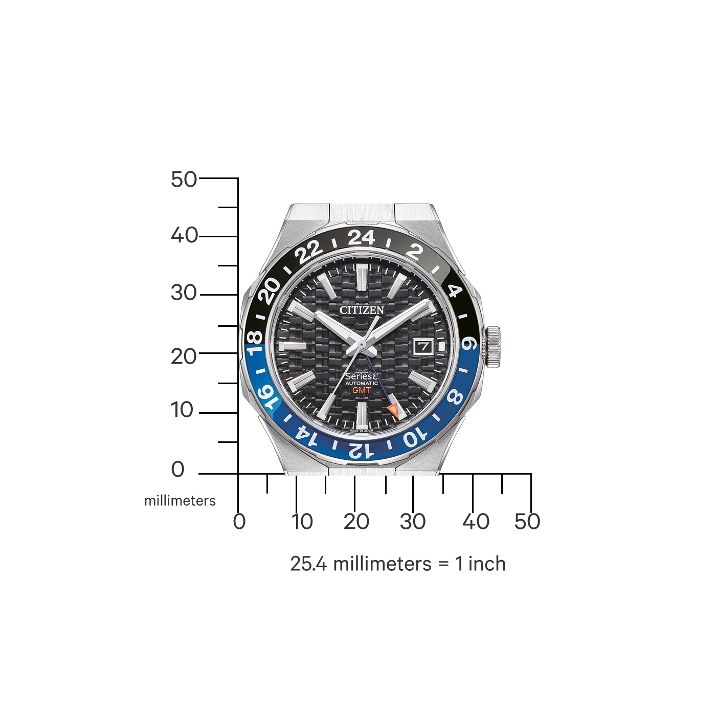 Citizen-Uhr mit schwarzer und blauer Lünette, zeigt Zeit und Messungen.