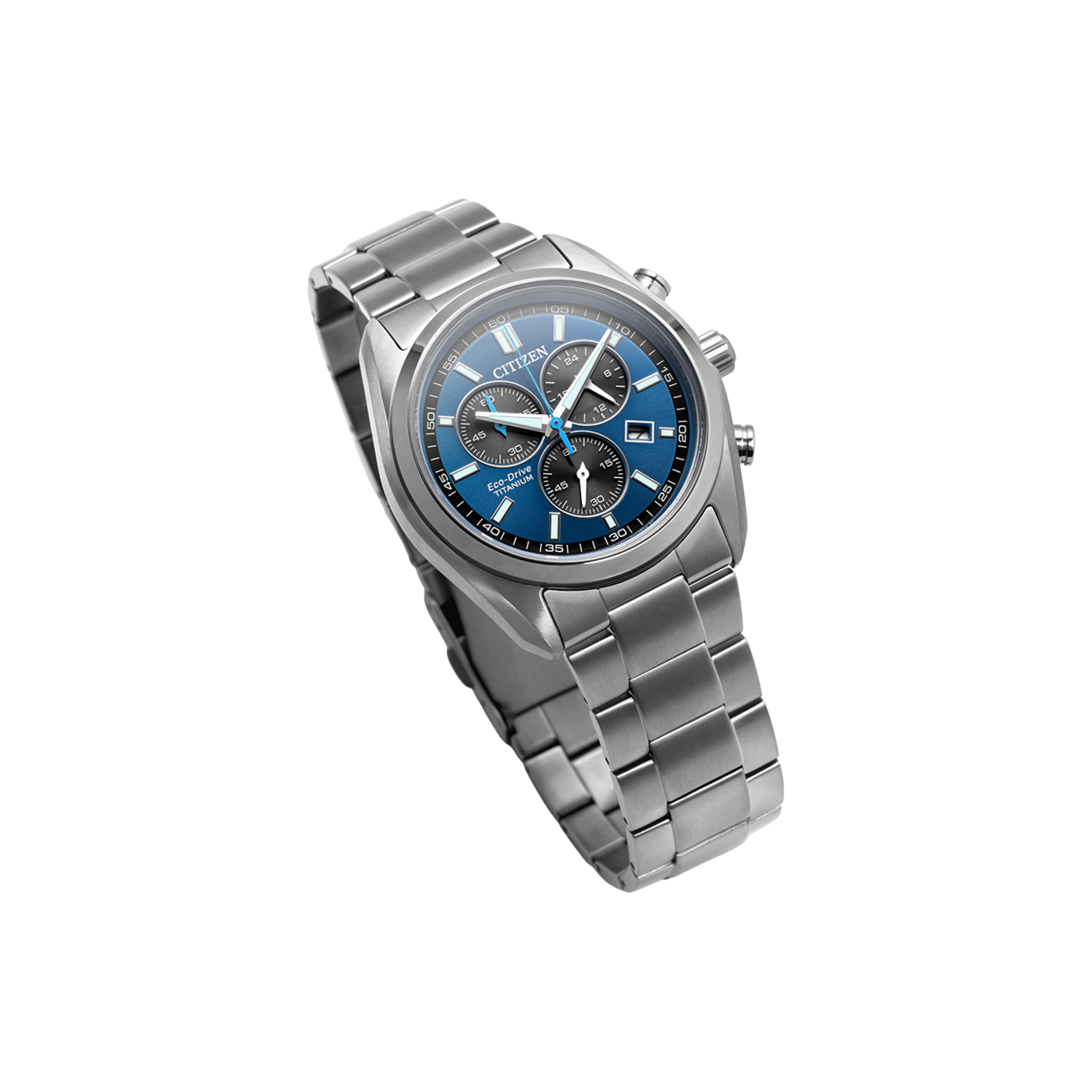 Eine Citizen Eco-Drive Titanuhr mit blauem Zifferblatt und silbernem Band.