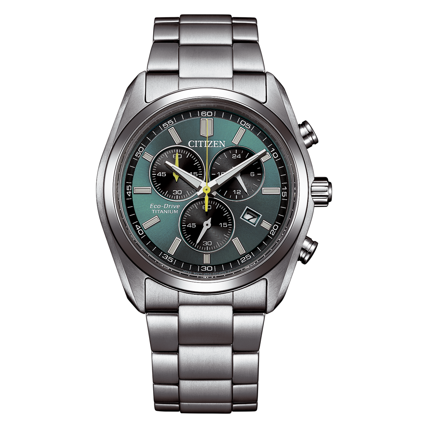 Eine Citizen Eco-Drive Titanium Chronographenuhr mit grünem Zifferblatt.