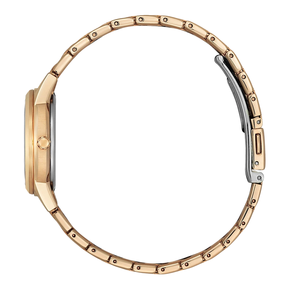 Goldene Uhr mit rundem Zifferblatt und filigranem Armband, Seitenansicht.