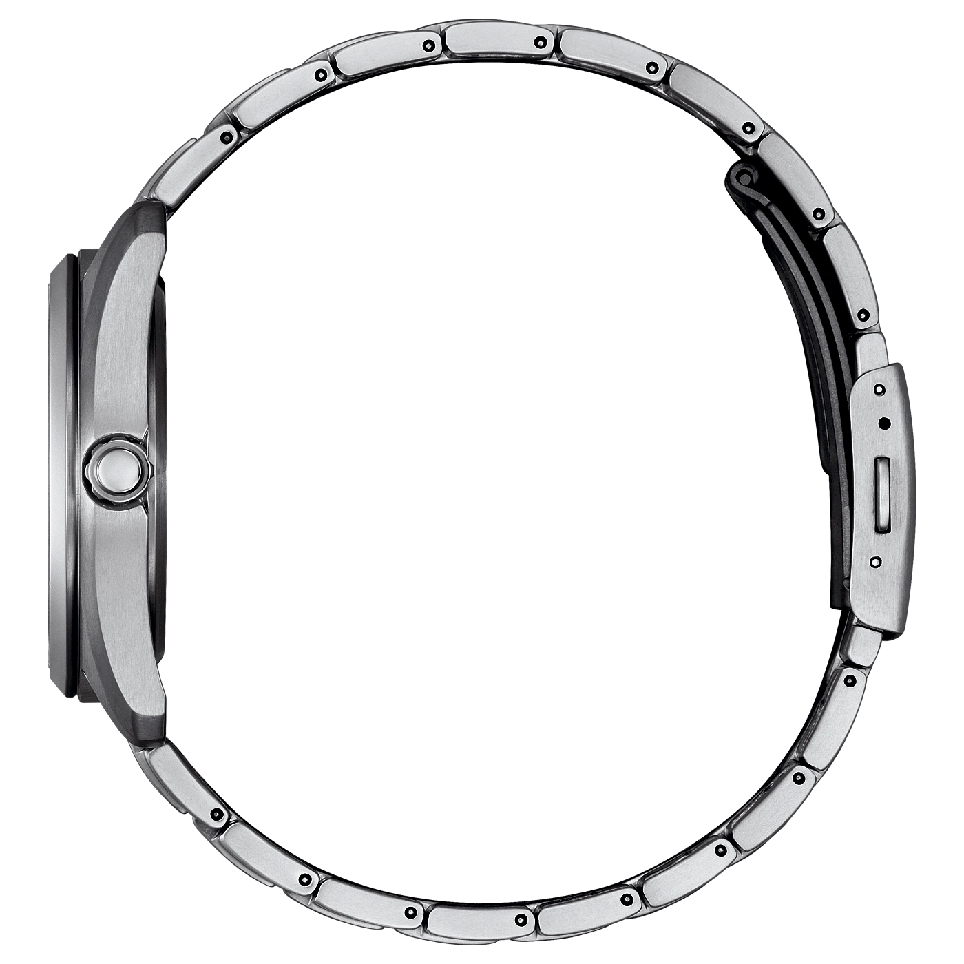 Seitenansicht eines silbernen Uhrenarmbands und Gehäuses