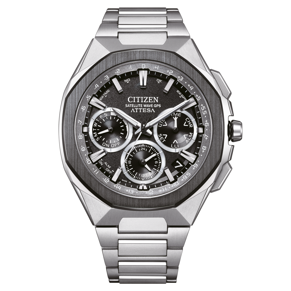 Citizen Attesa Uhr mit schwarzem Zifferblatt und silbernem Armband, GPS.