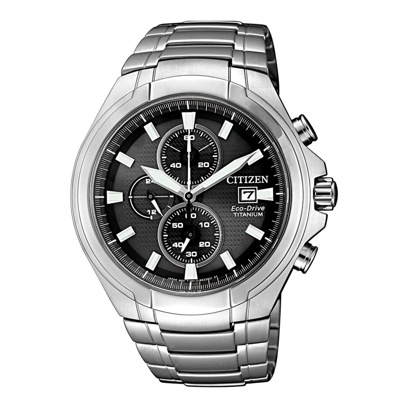 Citizen Eco-Drive Titanuhr mit schwarzem Zifferblatt und silbernem Armband.