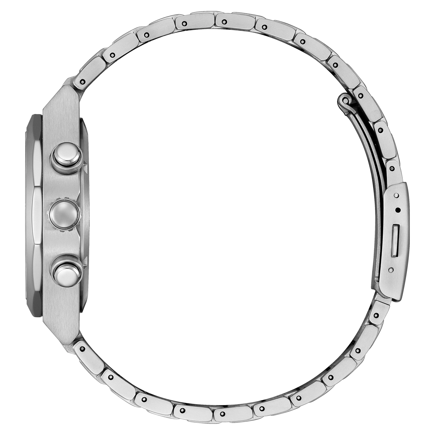 Silberne Uhr mit Metallarmband, Seitenansicht, Knöpfe sichtbar, elegantes Design.