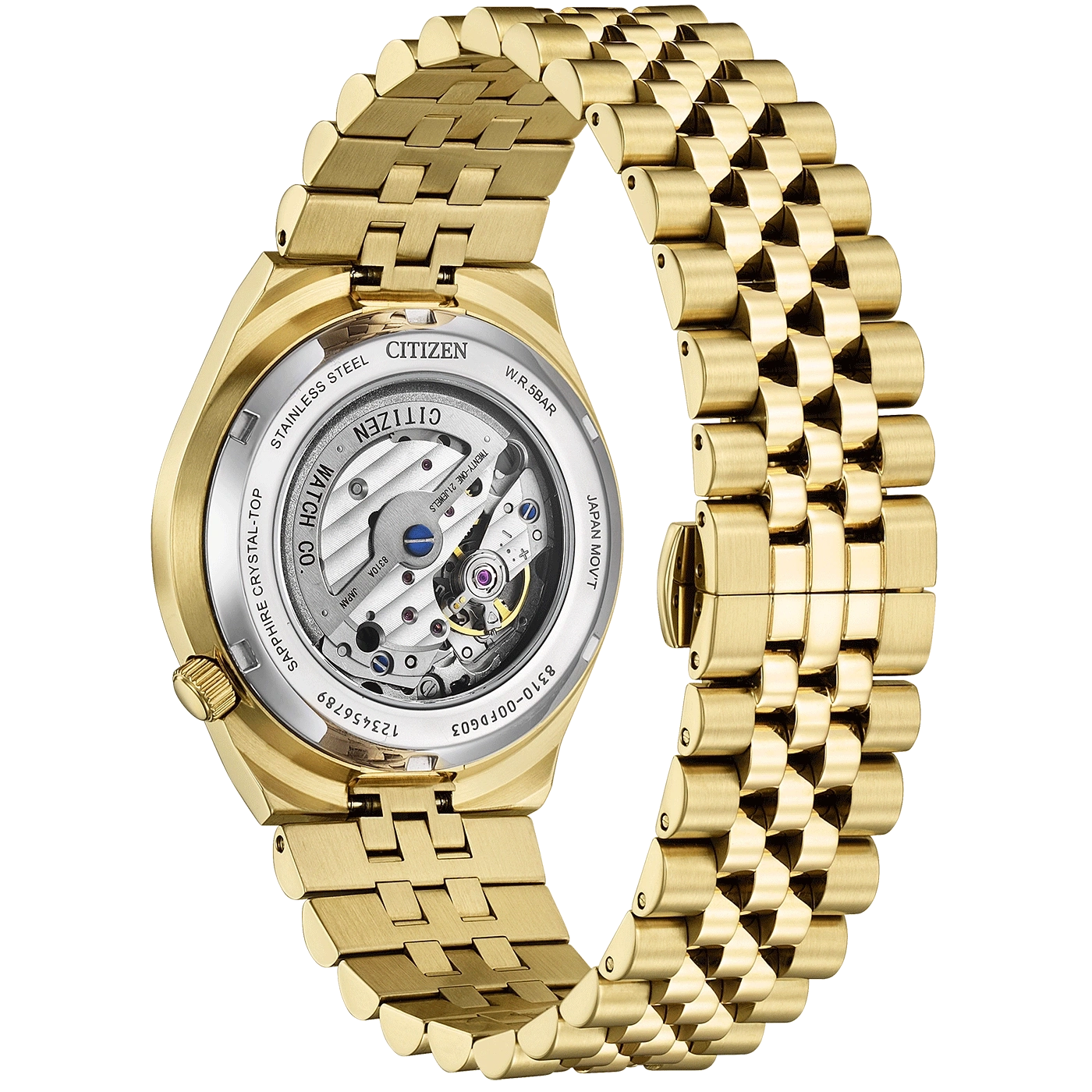 Goldene Citizen-Uhr mit transparentem Rücken, der das Uhrwerk und das Armband zeigt.