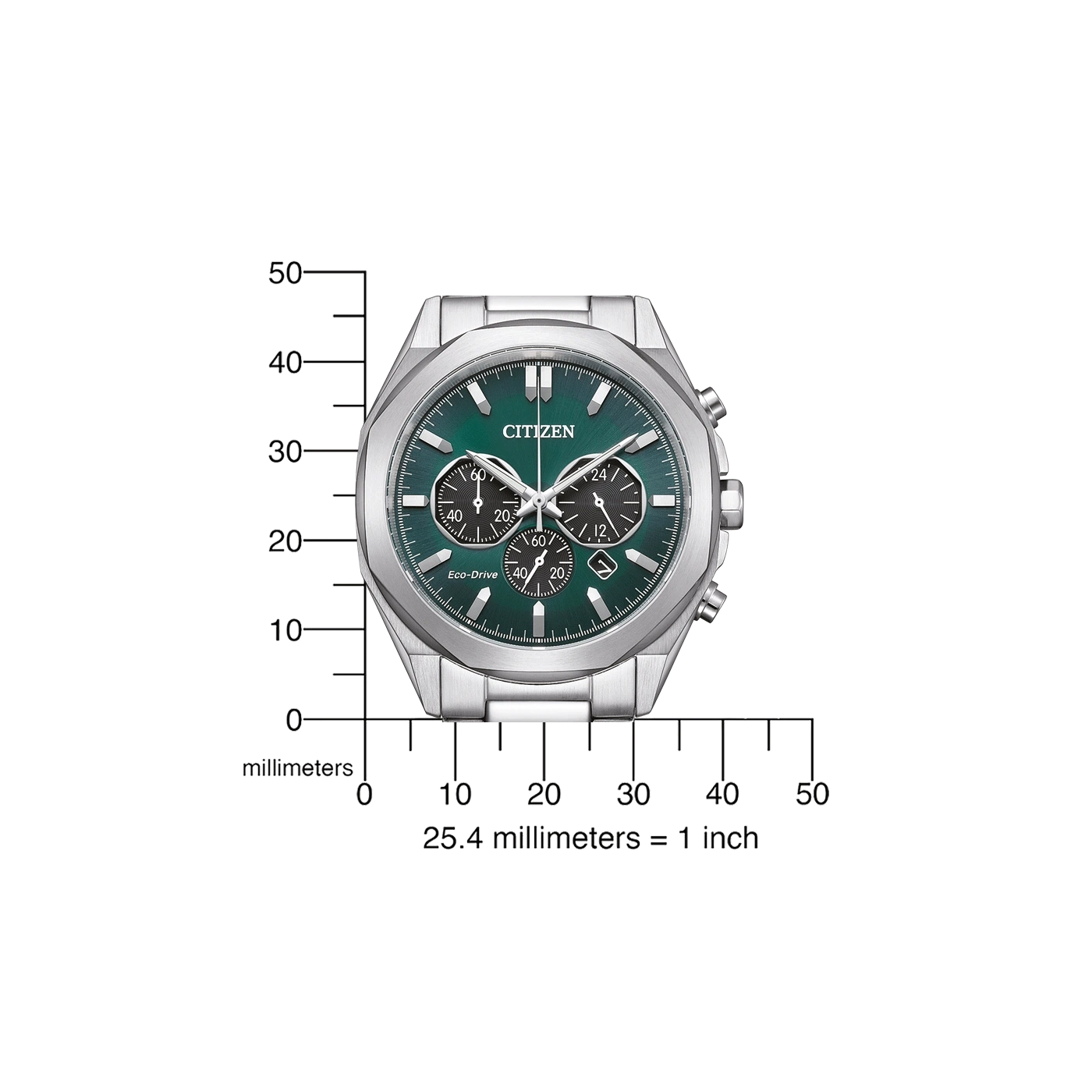 Citizen-Uhr mit grünem Zifferblatt, silbernem Armband und Chronographenfunktionen, Messung in Millimetern.