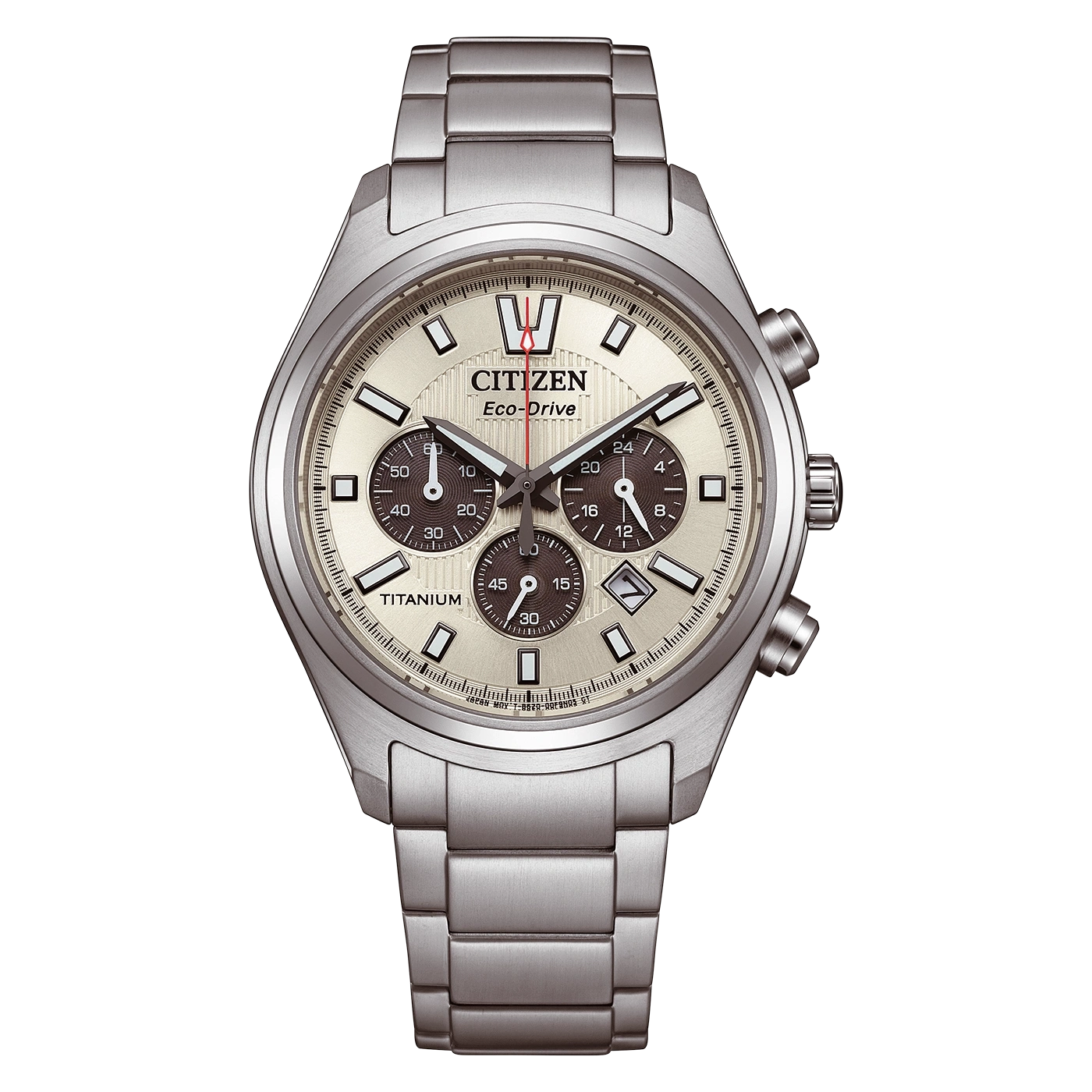 Eine Citizen Eco-Drive Titan-Chronographenuhr mit champagnerfarbenem Zifferblatt und silbernem Band.