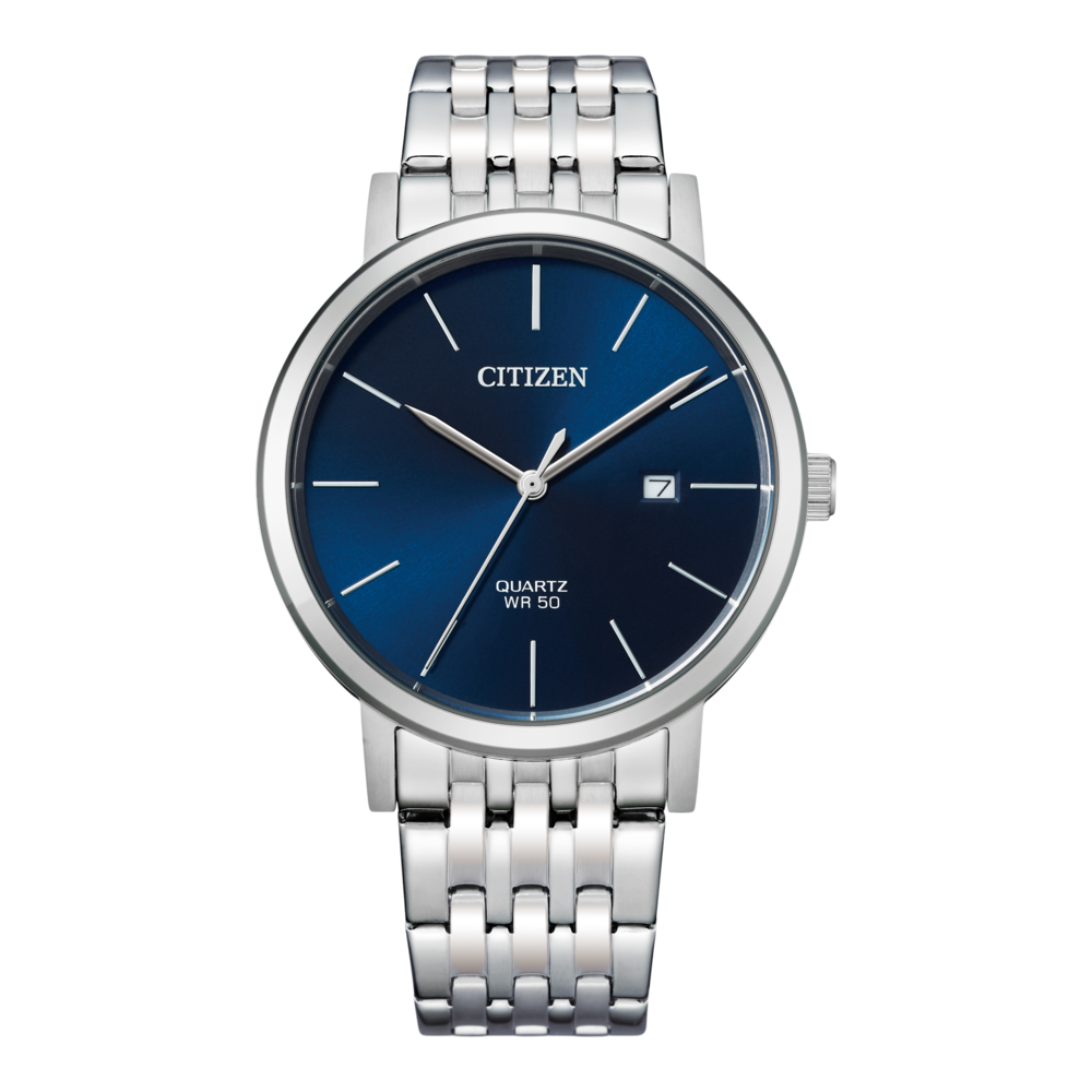 Citizen-Uhr mit blauem Zifferblatt und silbernem Armband, Quarzwerk.