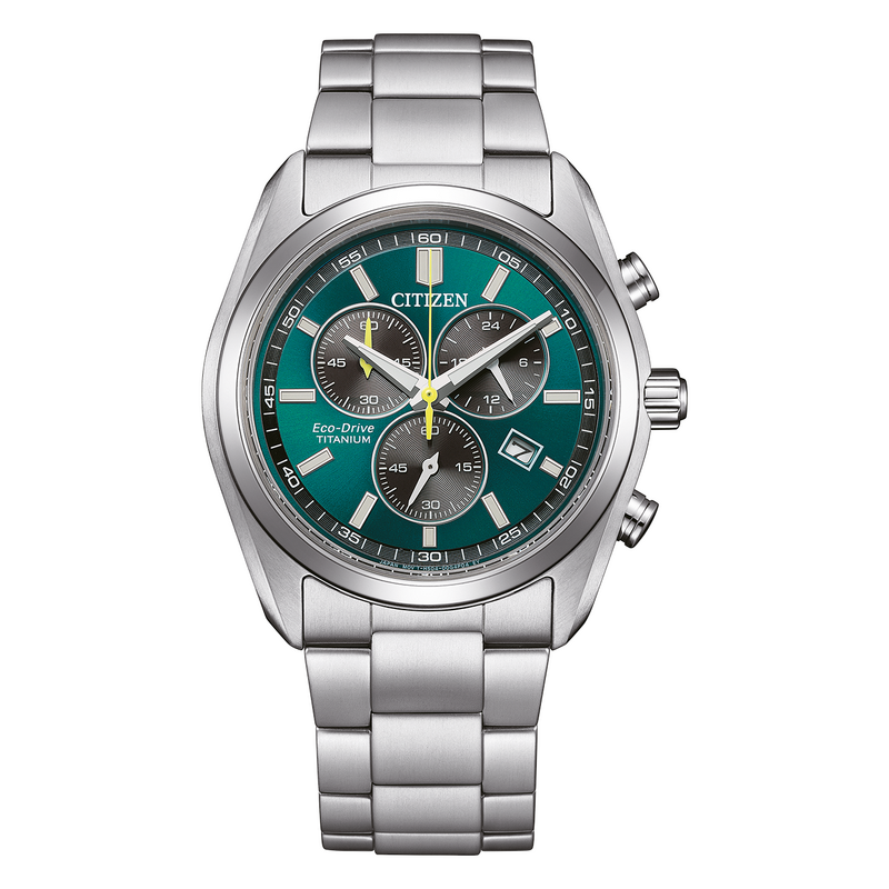 Eine moderne grüne Citizen Eco-Drive Titanium Chronographenuhr mit Edelstahlarmband.