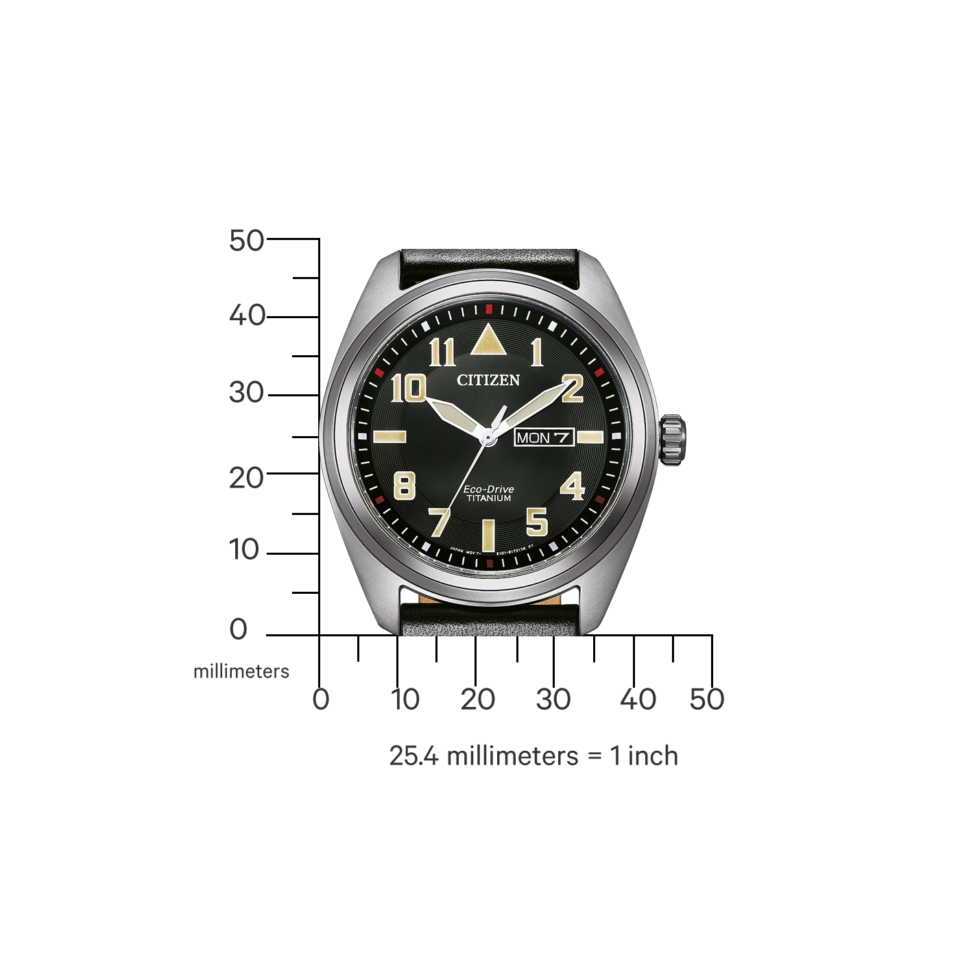 Citizen-Uhr mit schwarzem Zifferblatt, Titan, Eco-Drive und Tages-/Datumsanzeige.