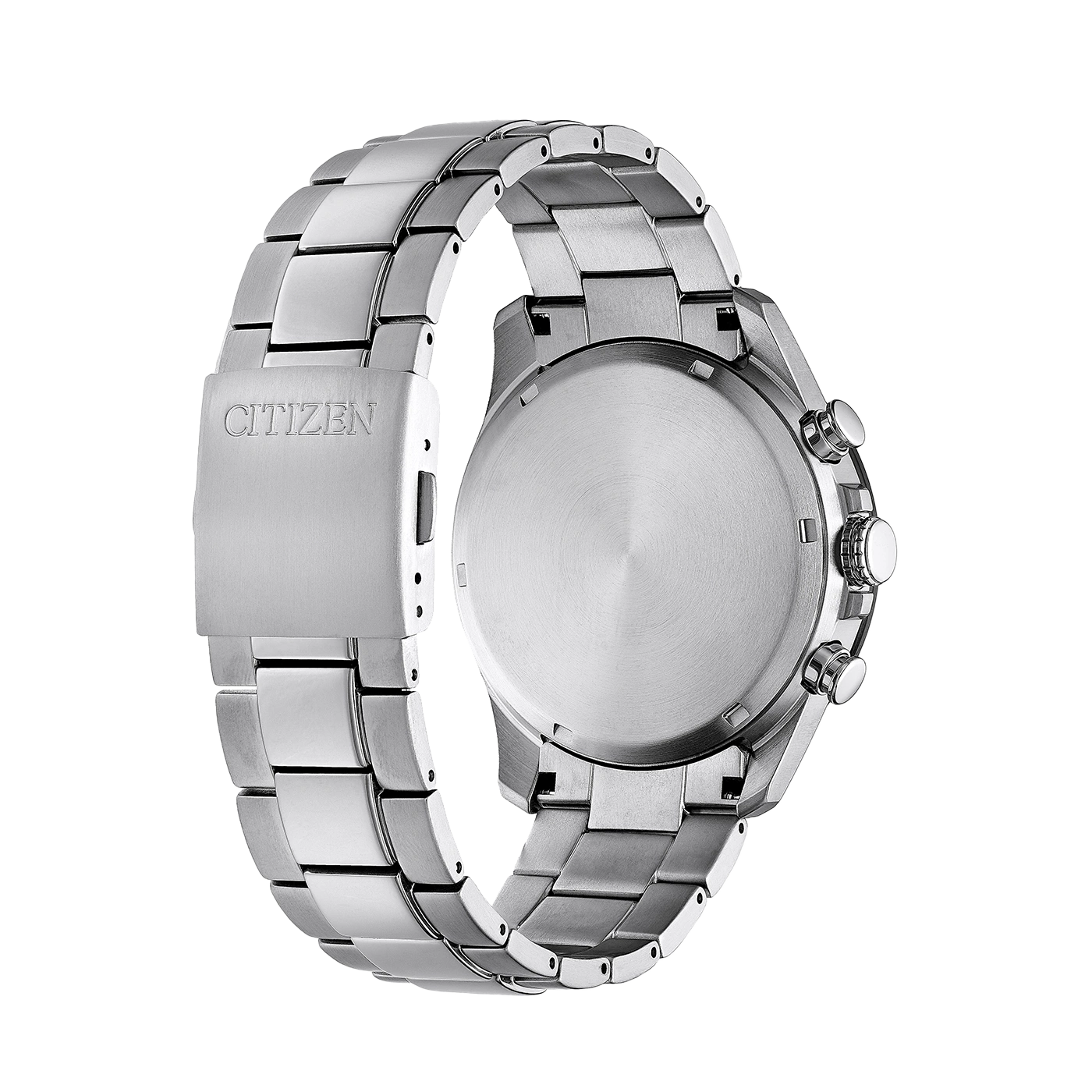 Citizen-Uhr, Edelstahl, Rückansicht, Metallarmband, Chronographenknöpfe