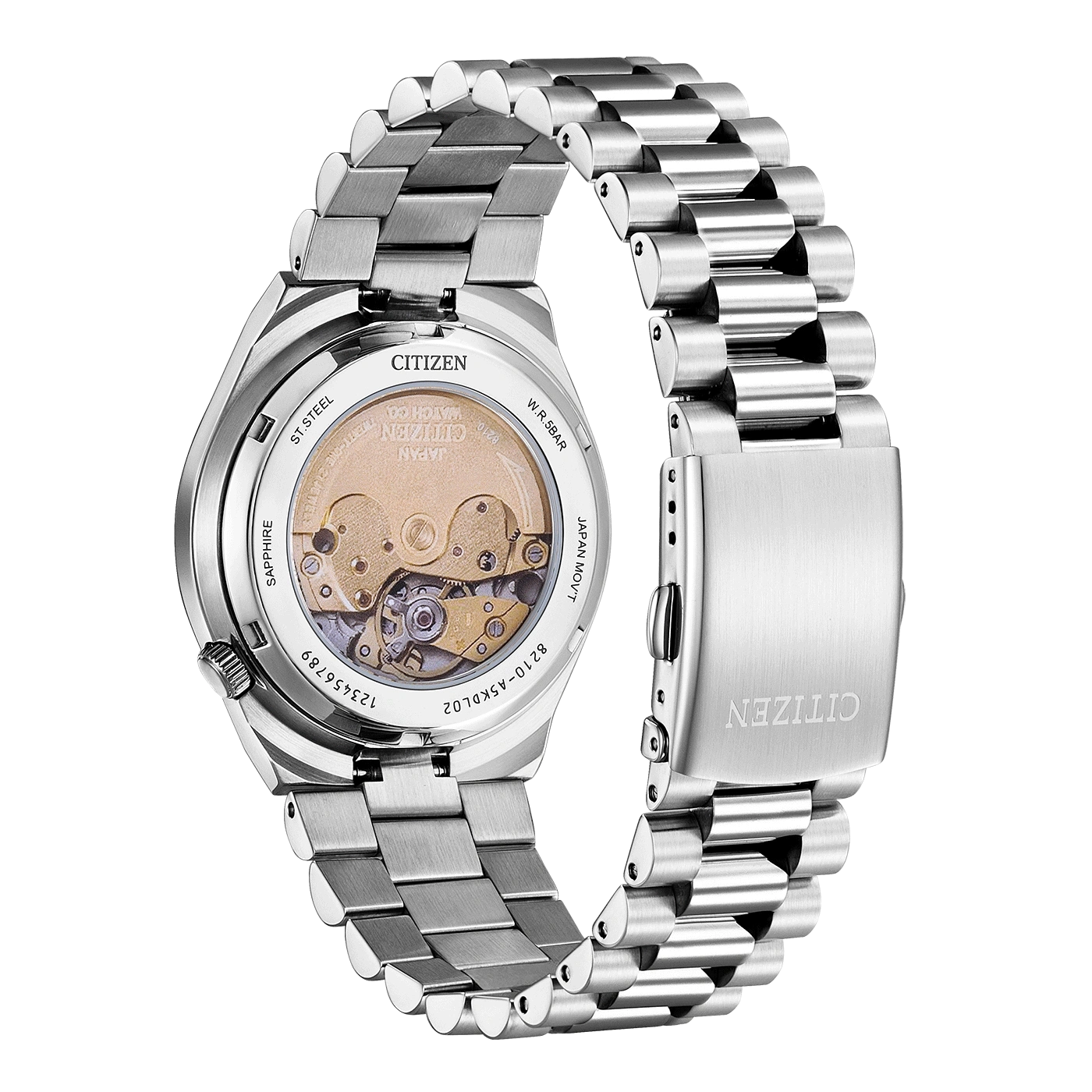 Citizen-Uhr, Rückseite, Stahl, Saphir, japanisches Uhrwerk, 5 bar Wasserdichtigkeit, Automatik