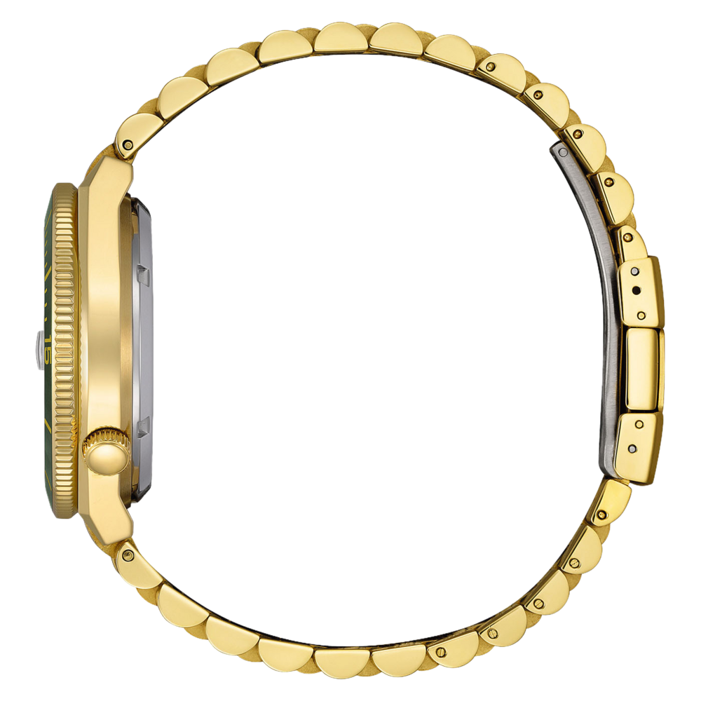 Eine goldene Uhr mit grüner Lünette und Metallarmband.