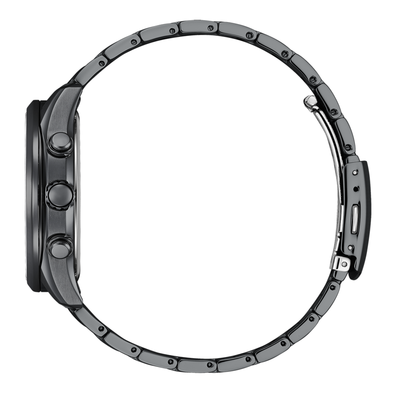 Seitenansicht einer schwarzen Uhr mit schwarzem Armband und Knöpfen.