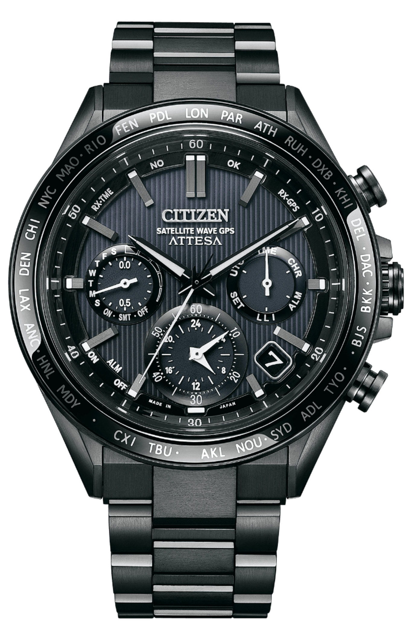 Schwarze Citizen Attesa Uhr mit mehreren Zifferblättern und Weltzeitanzeigen, ein stilvolles Accessoire.