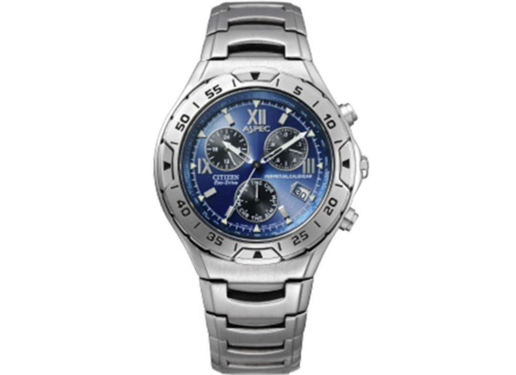 Silberne Citizen-Uhr mit blauem Zifferblatt, Chronograph und ewiger Kalender.